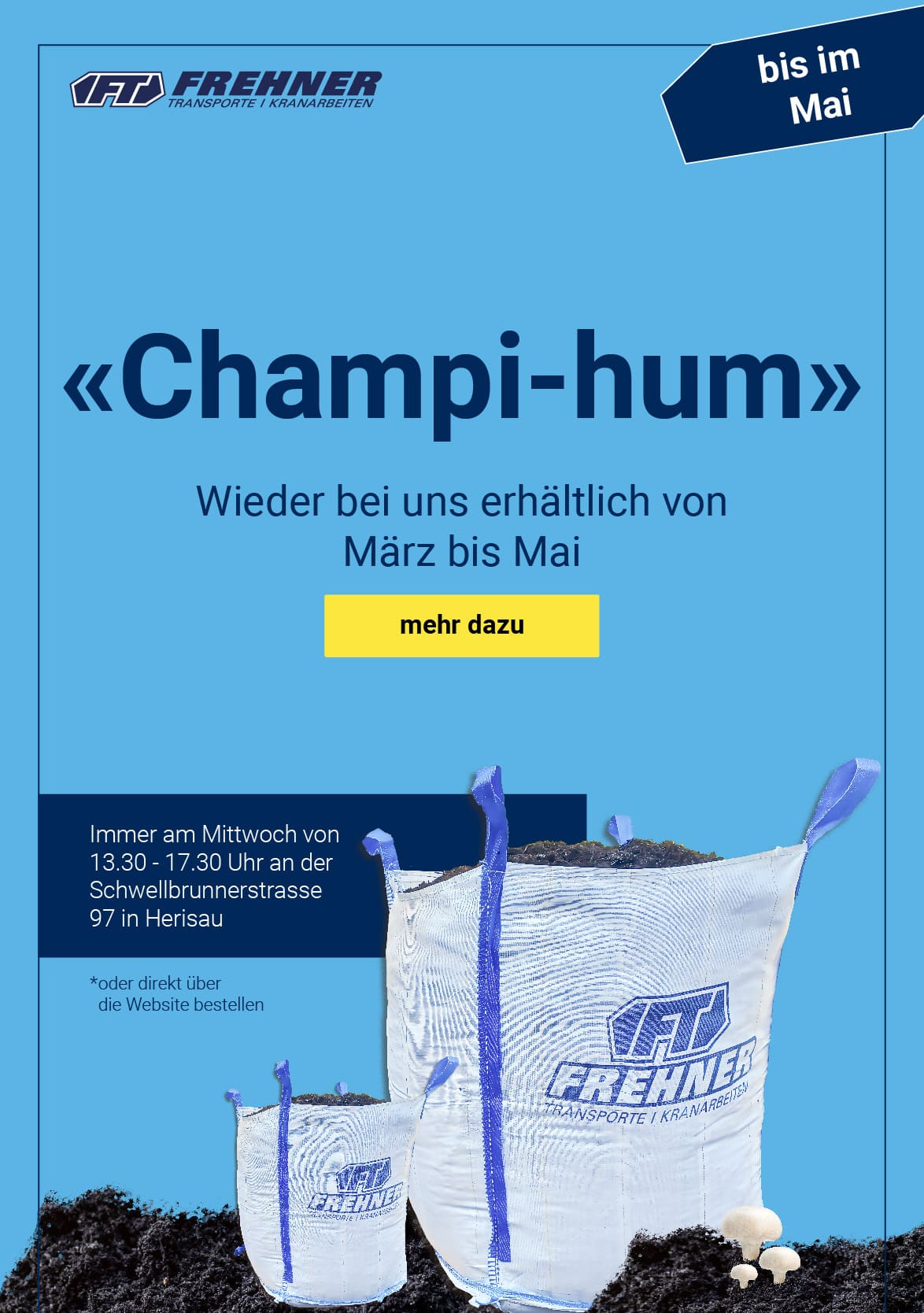 Champignon Humus bei Frehner Transporte in Herisau_Verkauf Champignon Humus Bio Humus von September bis November in Herisau, Appenzell Ausserrhoden - Frehner Transporte Schwellbrunn